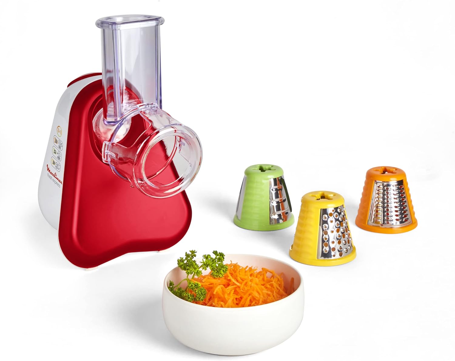 Râpe électrique Moulinex Fresh Express pour légumes, avec ses cônes interchangeables pour râper et trancher, idéale pour une cuisine saine.