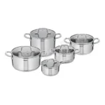 Batterie de cuisine Tefal 10 pièces en acier inoxydable avec couvercles en verre Tunisie.