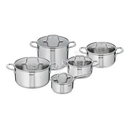 Batterie de cuisine Tefal 10 pièces en acier inoxydable avec couvercles en verre Tunisie.