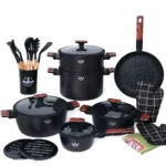 Batterie de cuisine Sizar 21 pièces en granite noir avec poignées effet bois Tunisie.