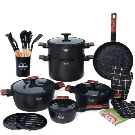 Batterie de cuisine Sizar 21 pièces en granite noir avec poignées effet bois Tunisie.