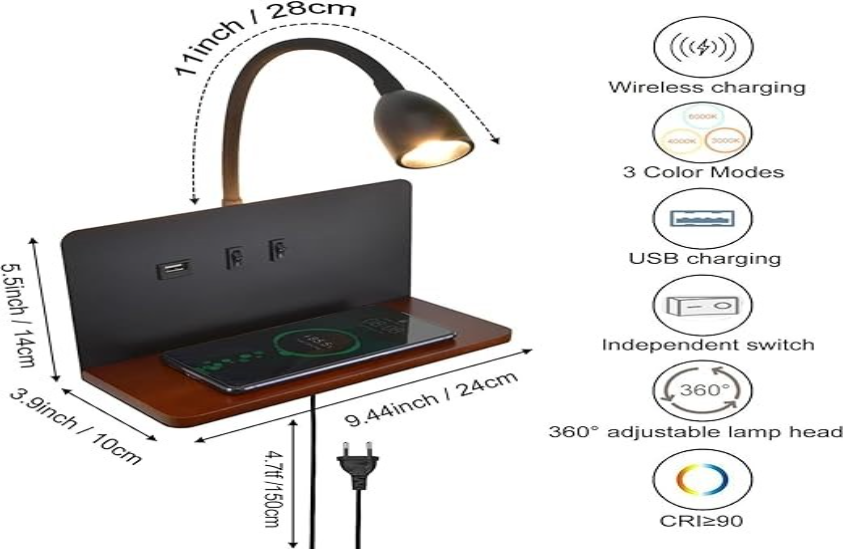 lampe de chevet LED avec ports USB pour charger téléphone et appareils